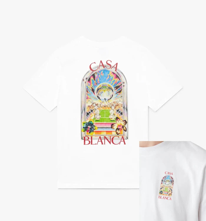 Hochwertiges weißes T-Shirt mit Arch-Print, Kurzarm, lässiger Rundhals, Sommer, Grafikmuster, lockere Passform für Männer und Frauen