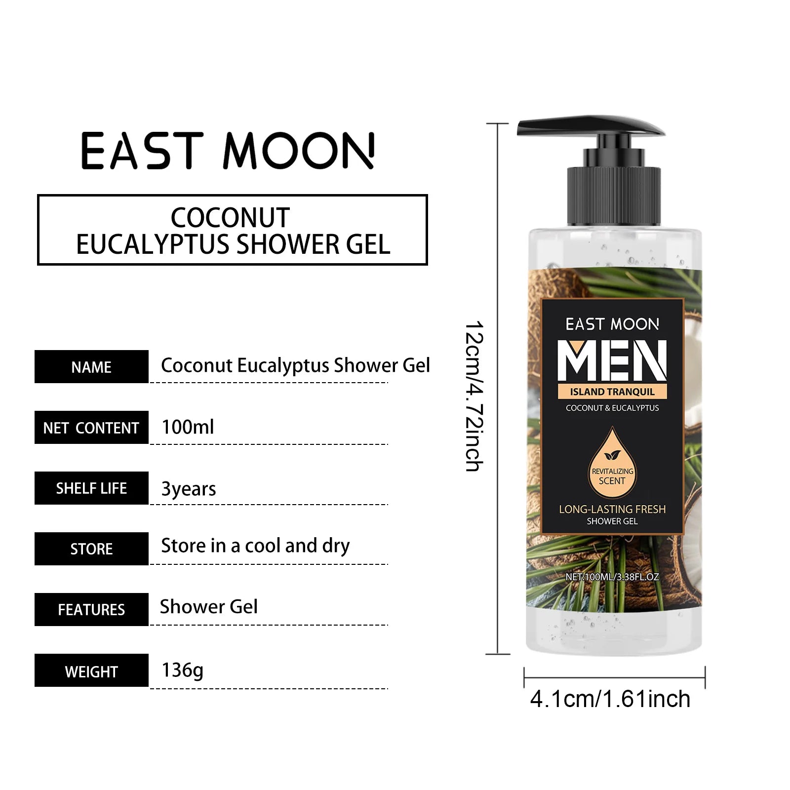 Men's Eucalyptus Coconut Body Wash Deep Cleansing Shower Gel Refreshing Scent Long Lasting Fragrance Oil Control 100ml