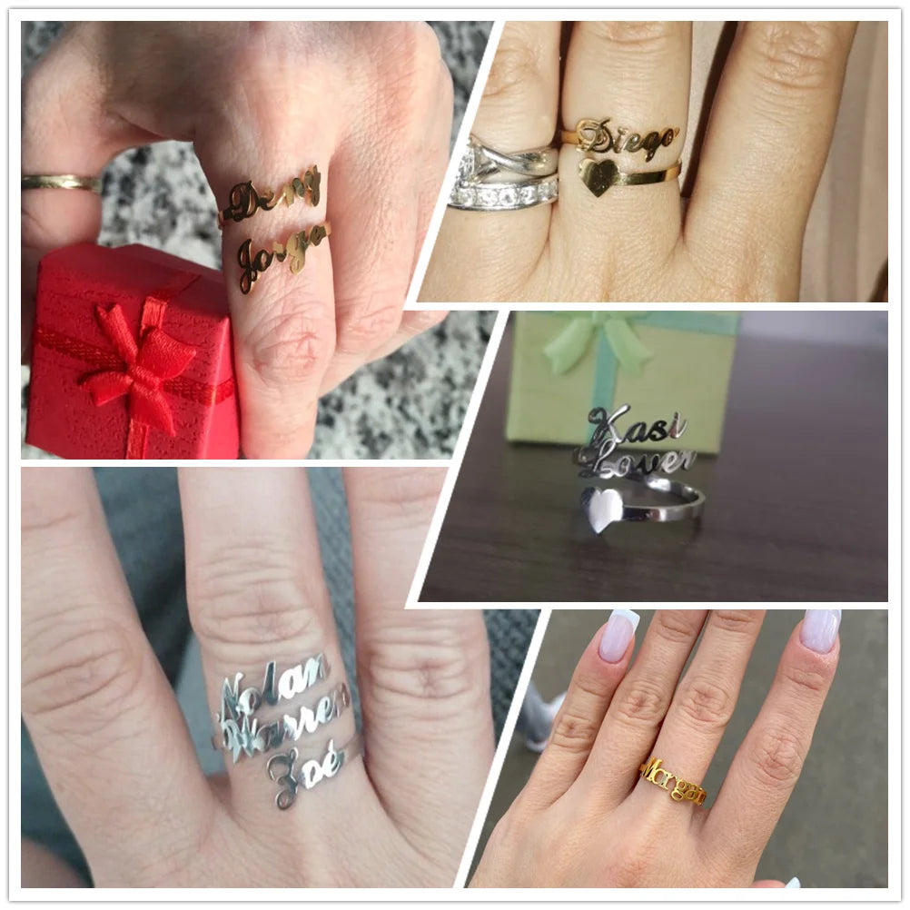 Personalisierter Doppel-Vorname-Ring für Damen und Herren, personalisiertes Paar-Familien-Geschenk, goldfarbener Edelstahl-Metallschmuck