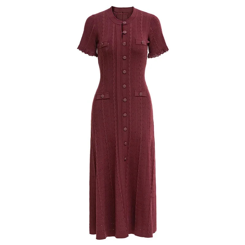 Sommer einfarbig Rundhals Kurzarm Business-Kleid Damen Koreanisch Einreiher Ausgeschnittenes langes Kleid Modetrend
