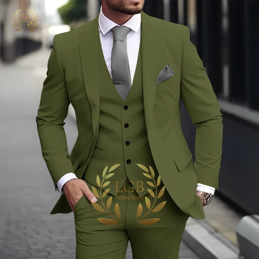 Herren Khaki 3-teiliger Anzug Klassischer spitzer Revers Business Formal Hochzeit Bräutigam Slim Fit Eleganter Gentleman-Stil Mode Blazer