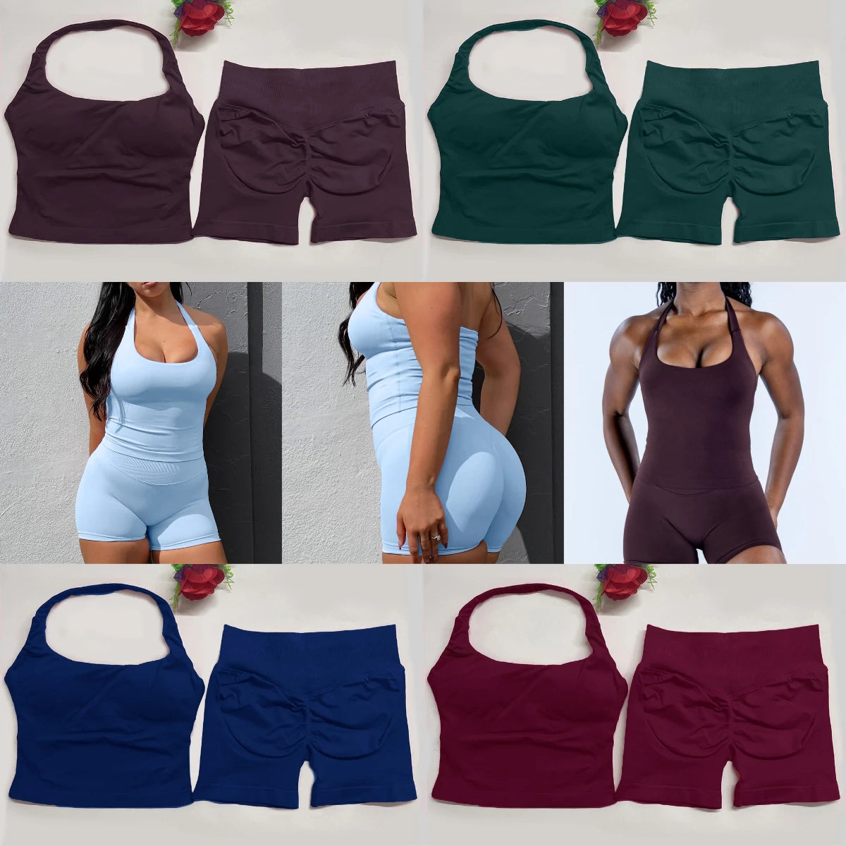 Yoga Outfits Damen 2-teiliges Sport-Set DFNNYE Impact Halfter Neck Neckholder Rückenfrei Oberteil Nahtlose Scrunch Shorts Fitness-Workout-Sportanzug