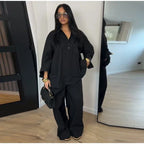 Damen Anzug mit Revers, langen Ärmeln, chic, einreihig, weites Bein, lange Hose, Sets 2026, lässiges, lockeres Outfit für den Alltag