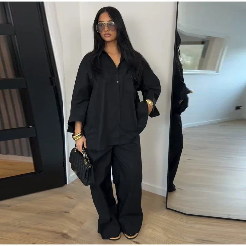 Damen Anzug mit Revers, langen Ärmeln, chic, einreihig, weites Bein, lange Hose, Sets 2026, lässiges, lockeres Outfit für den Alltag