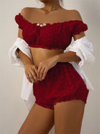 Sexy Dessous Rüschen Blumenstickerei Damenunterwäsche Schulterfreies Sexy BH-Set Bequemes Baumwoll-Intimwäsche-Set