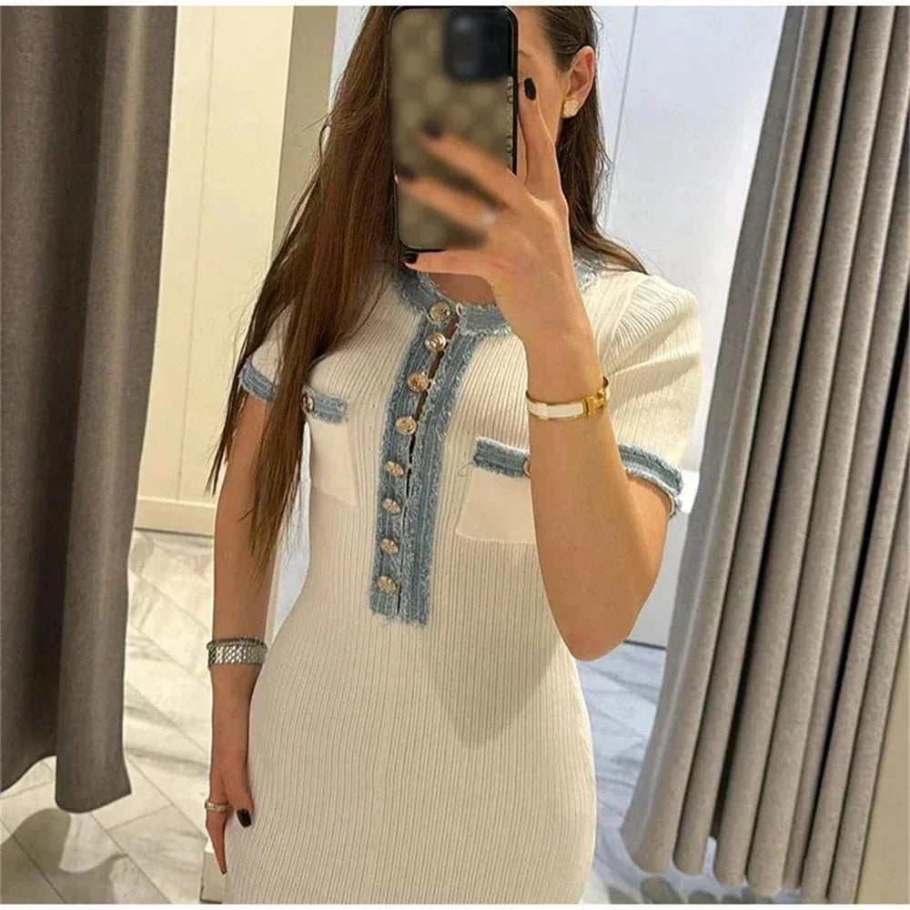 Elegantes, kontrastierendes, gestricktes Maxi-Kleid für Damen, schickes O-Ausschnitt-Kurzarmkleid mit Metallknöpfen, figurbetonte Kleider, Büro-Lady-Pendlerrobe
