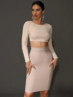 Sexy O-Ausschnitt Langarm Mesh Perlen Beige Schwarz Celebrity Midi Damen Bandagen-Set 2024 Designer Abendparty Damen-Set