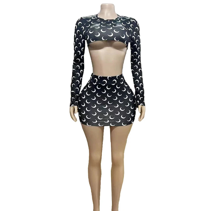 Zweiteiliges Mode-Set für Damen, Frühling/Herbst-Outfit, Langarm, kurzes Dekotop und Hüft-Kurzrock, Freizeit-Set