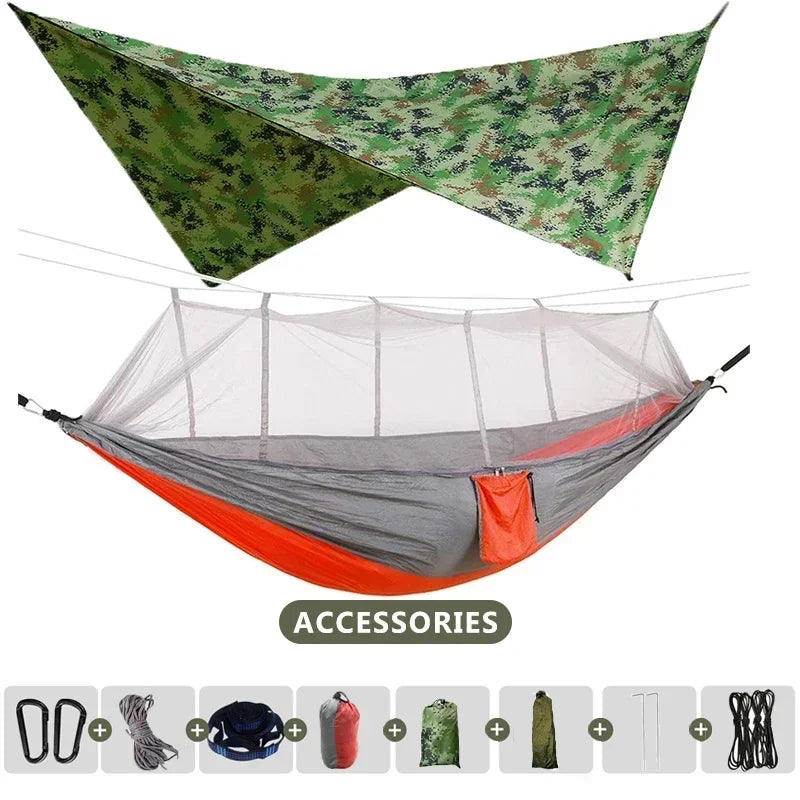 260x140cm Camping Hängematte Doppelgröße Fallschirm mit Moskitonetz Regenschutz Tarp Leicht für Wandern Reisen