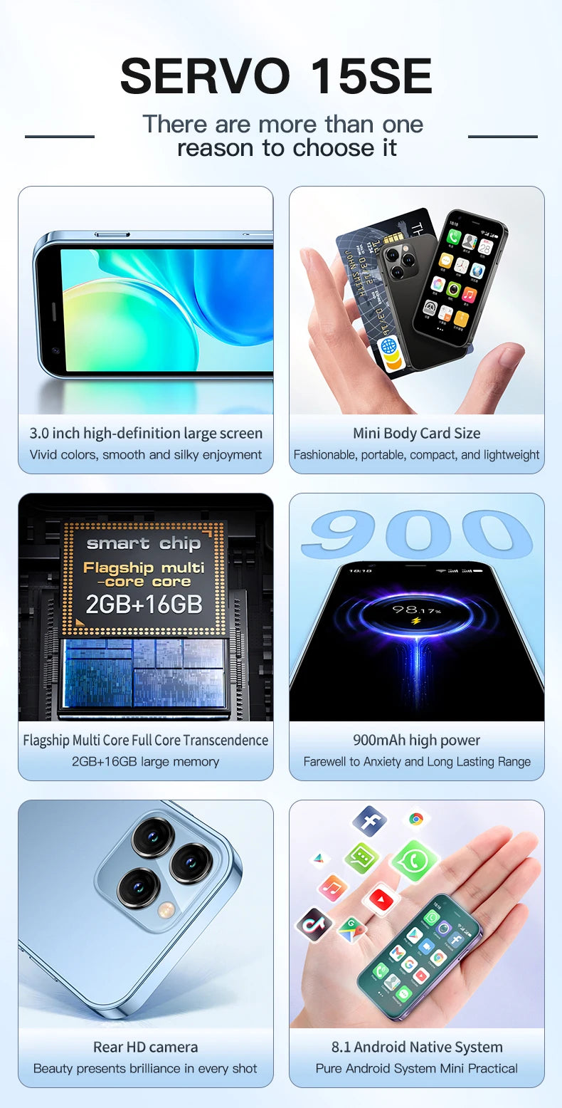 SERVO 15SE Mini Smartphone 3G WCDMA Android System WiFi Hotspot Play Store 3.0" Display Kleine Palm-Smartphones Dual SIM Standby