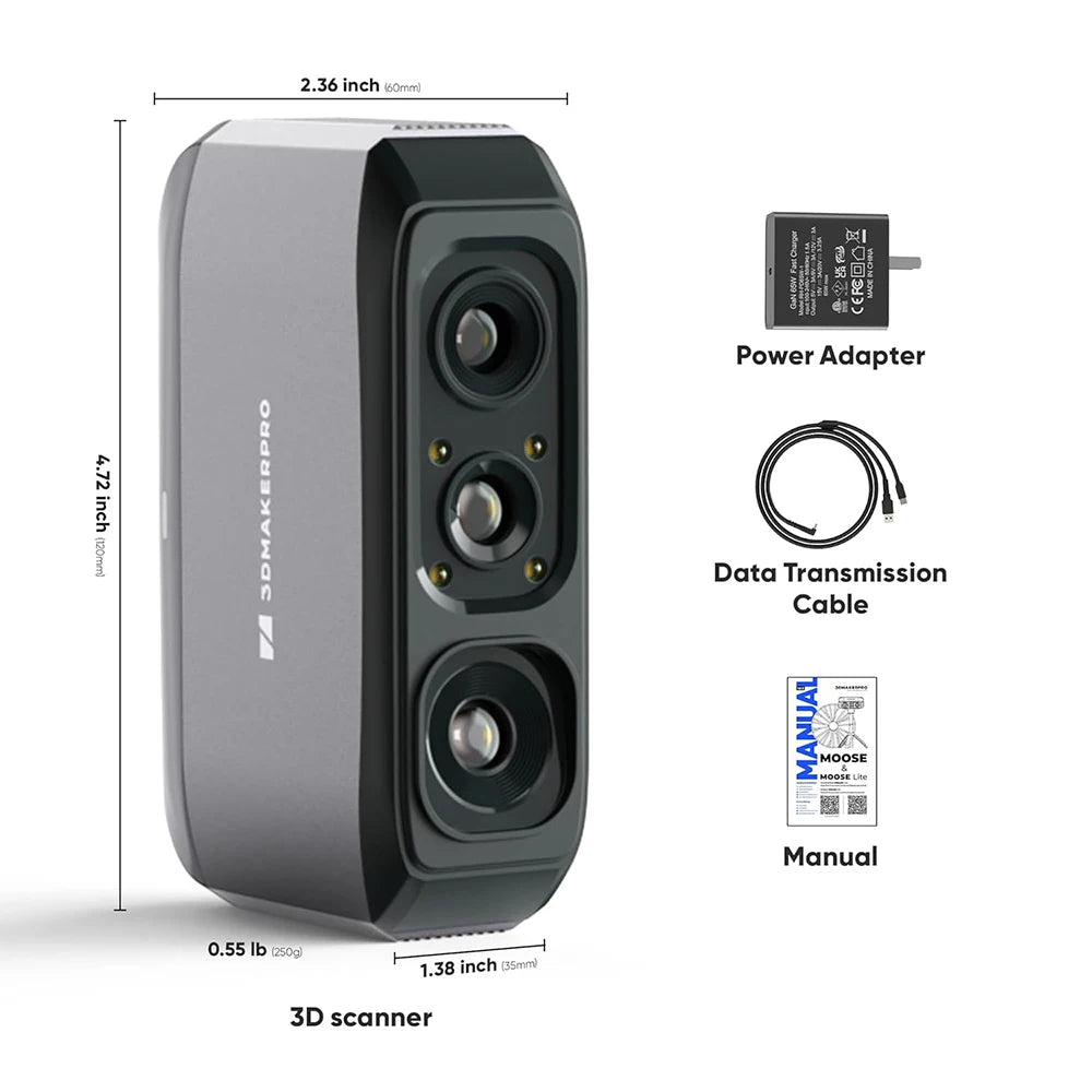 3DMakerpro Moose Lite 3D Scanner,Luxury, NIR Light Source,0.05mm Accuracy,24-bit Color Camera,10fps Frame Rate,Anti-Shake Lenses