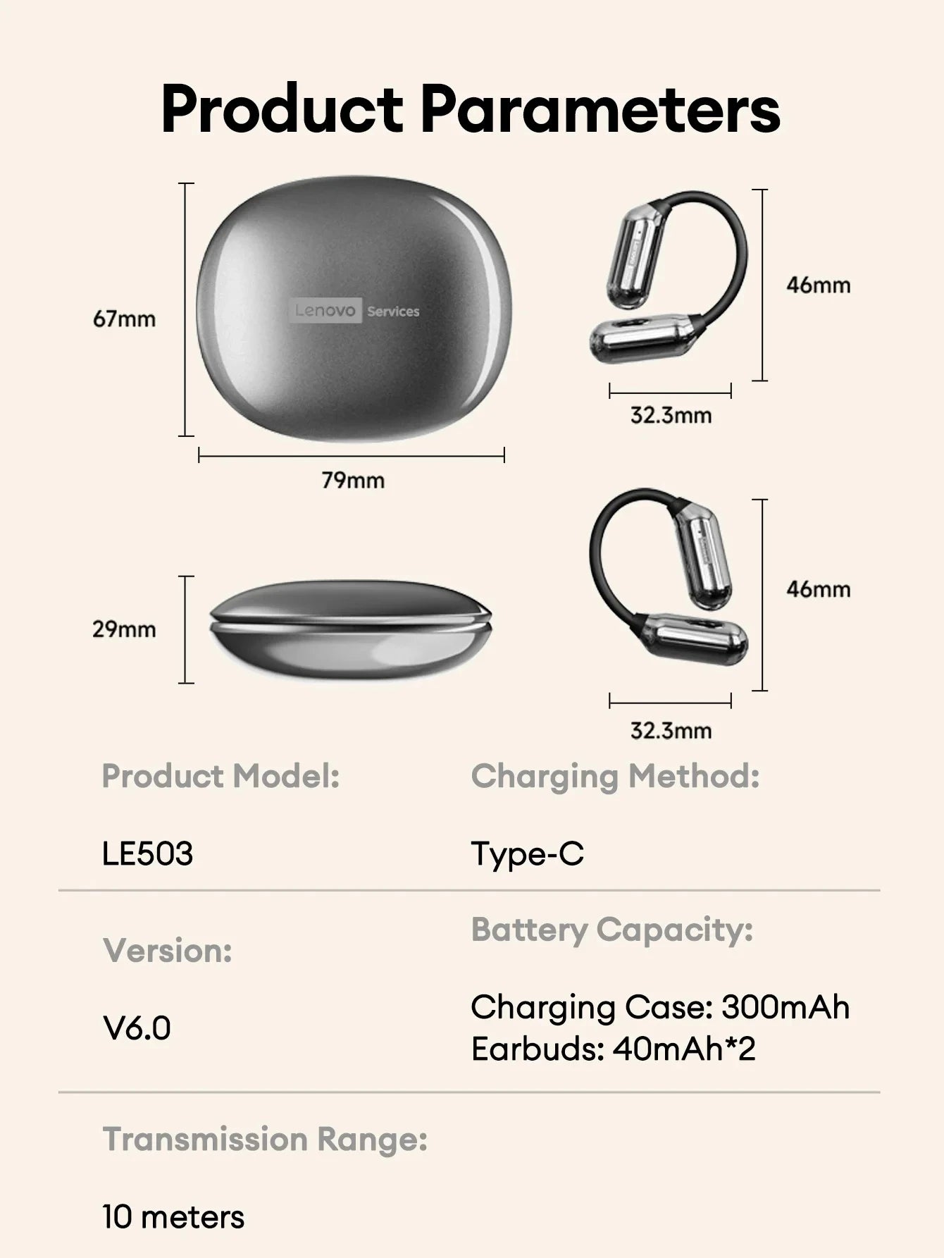 Lenovo LE503 OWS Kabellose Ohrhörer Bluetooth V6.0 Open-Ear Kopfhörer ENC Geräuschunterdrückung Earbuds Wasserdicht Lange Akkulaufzeit