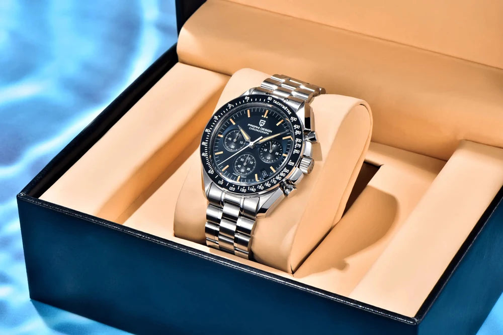 Neue PAGANI DESIGN Moon Men Uhr Retro-Luxus-Quarzuhren für Herren Edelstahl Sport wasserdicht Chronograph Herren+Mit BOX