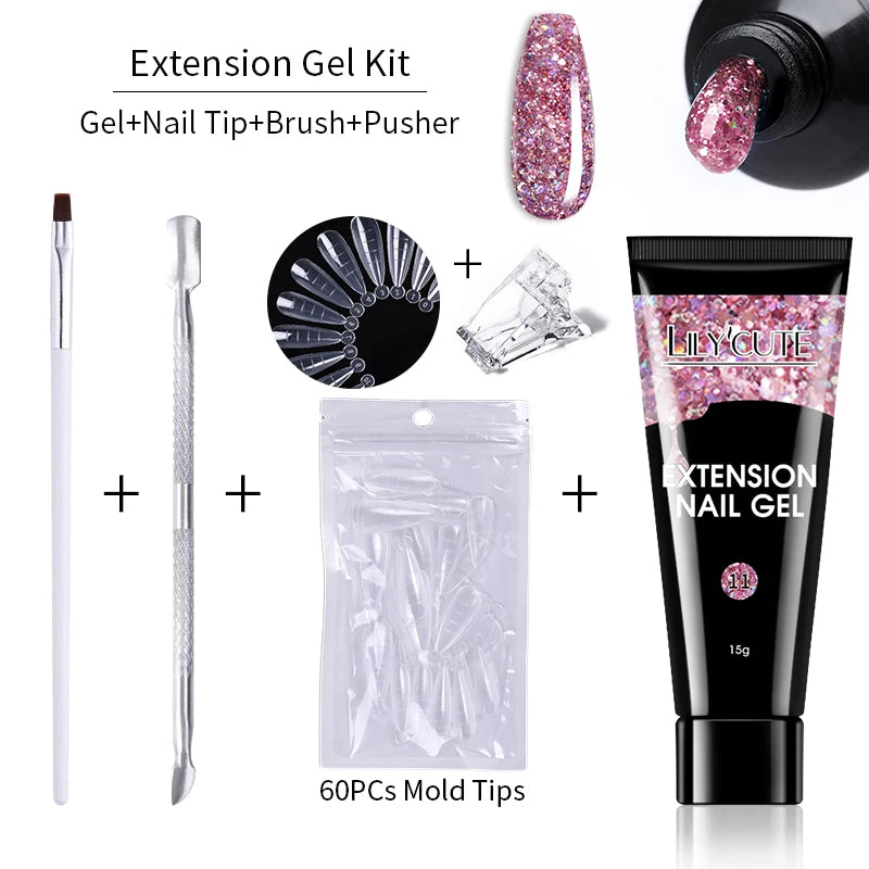 LILYCUTE 15ml Verlängerungsgel-Nagellack-Set Quick Nail Prolong mit Verlängerungsform-Nagelspitzen Acryl-Lösung Maniküre-Werkzeug-Kit