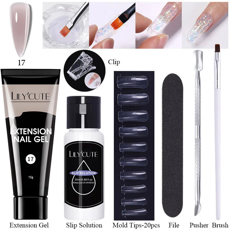 LILYCUTE 15ml Verlängerungsgel-Nagellack-Set Quick Nail Prolong mit Verlängerungsform-Nagelspitzen Acryl-Lösung Maniküre-Werkzeug-Kit