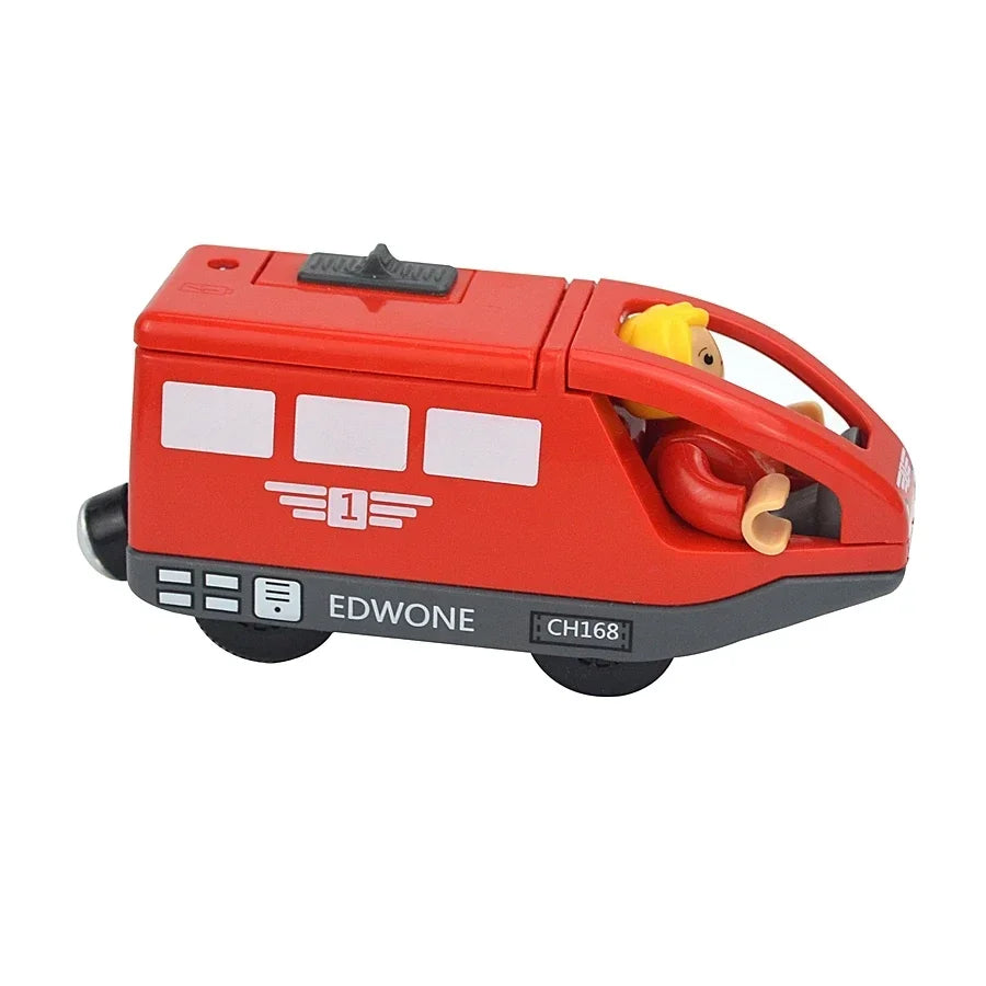 Magnetischer elektrischer Zug Lokomotive Holzeisenbahn Schlitz Diecast Eisenbahn mit zwei Waggons Zug Holz Kinderspielzeug Biro Leduo Strecke