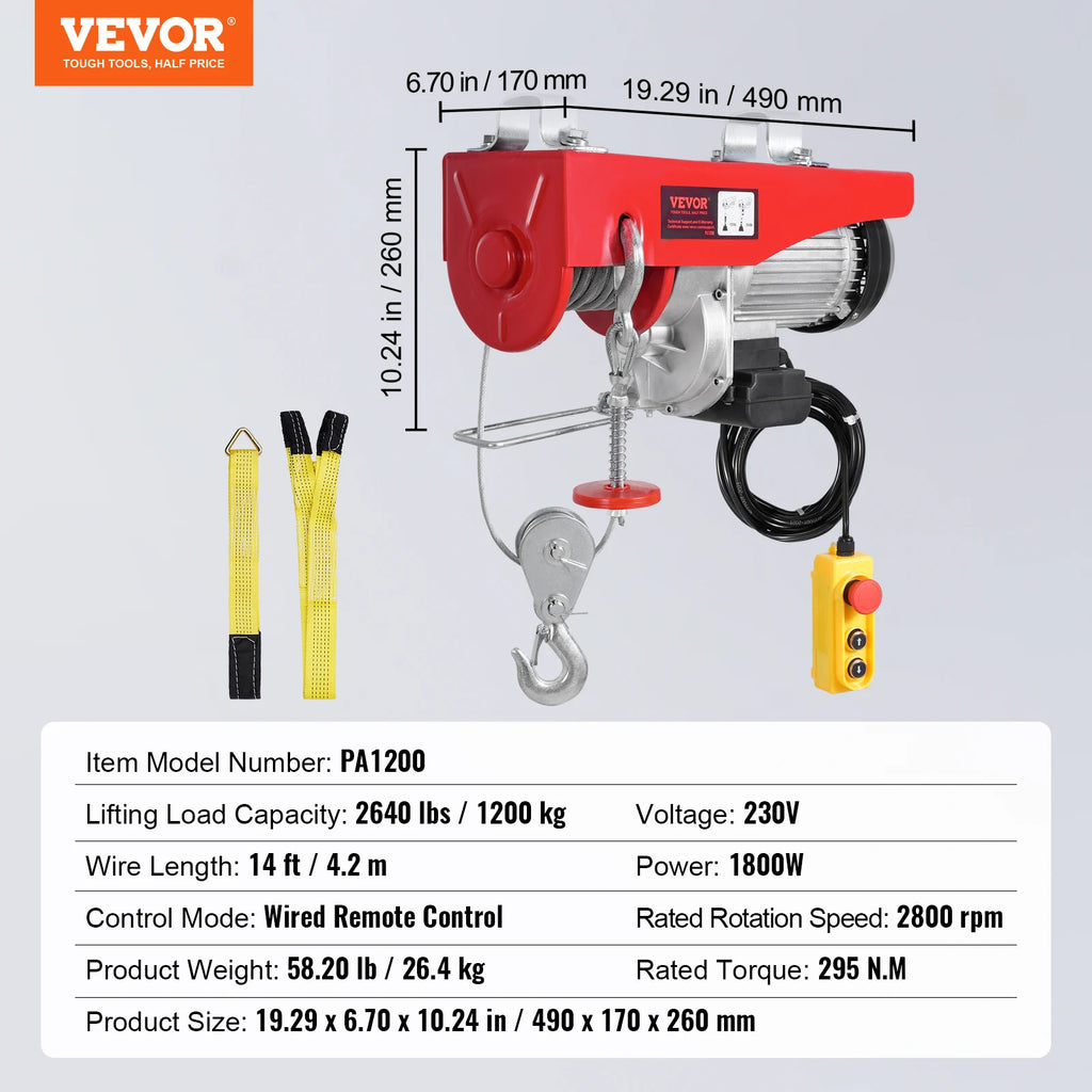 SucceBuy 2640Lbs Elektrischer Hebezug Winde 230V mit 4,2m Kabelfernbedienung 12,2m Einzelkabel Hubhöhe Hebezug für Garage