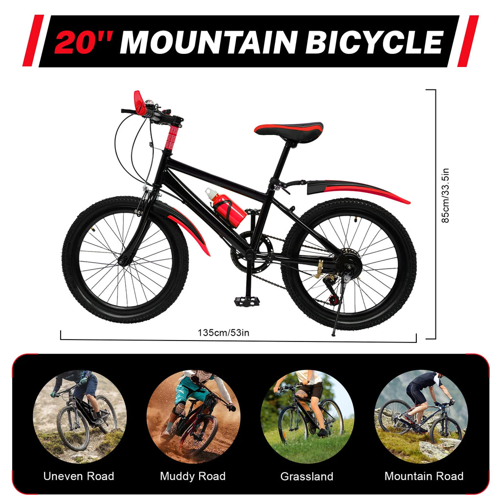 20 Zoll Mountainbike 7 Gänge, Verstellbarer Sattel Kinderfahrrad mit Schutzblechen und Flaschenhalter für Jungen und Mädchen 8-13 Jahre