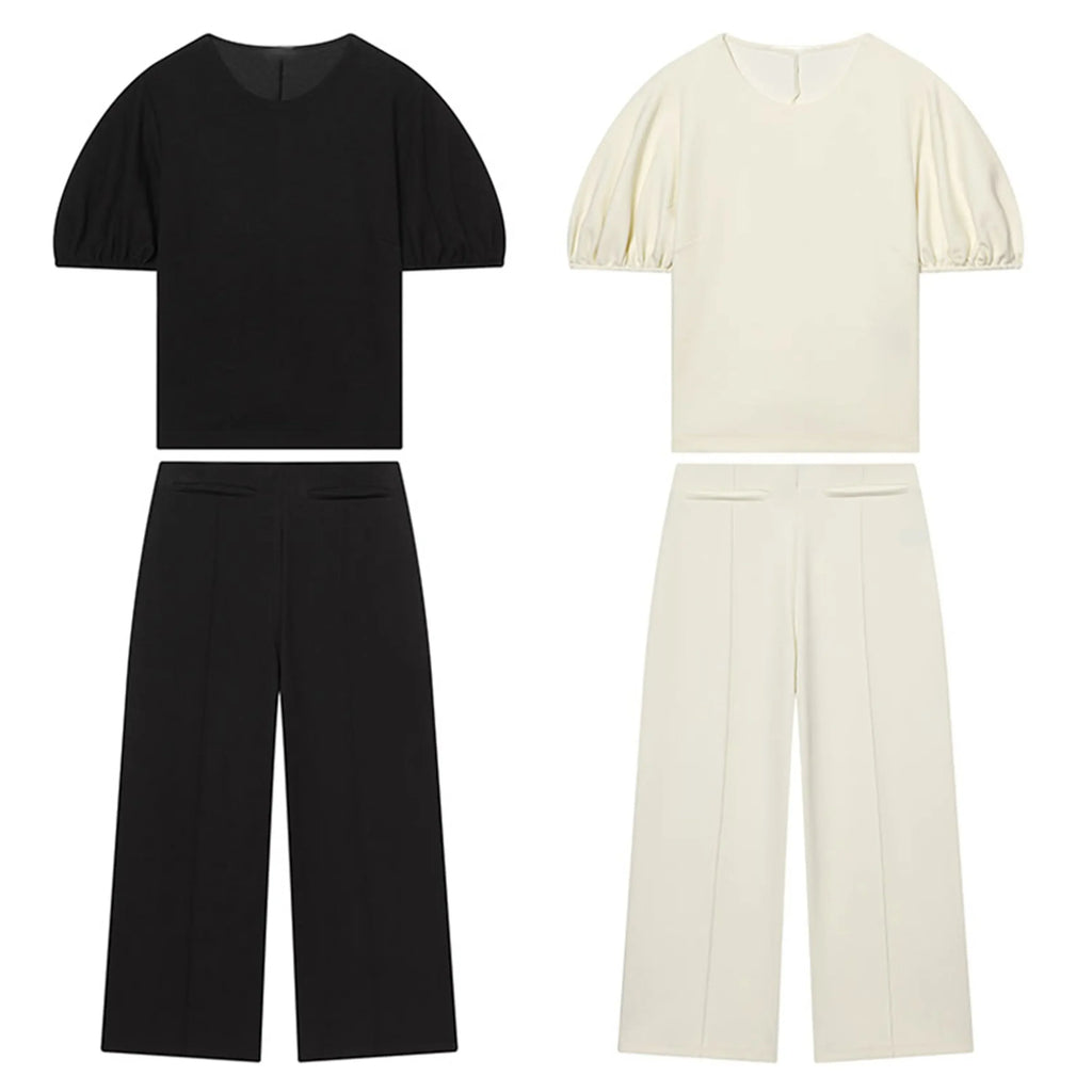 HH Damen Elegantes Beiges Set, Rundhals-T-Shirt, Einfarbiges Puffärmel-Oberteil, Lässige Weite Hosen, High Street Chic Outfit