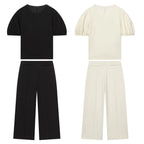 HH Damen Elegantes Beiges Set, Rundhals-T-Shirt, Einfarbiges Puffärmel-Oberteil, Lässige Weite Hosen, High Street Chic Outfit