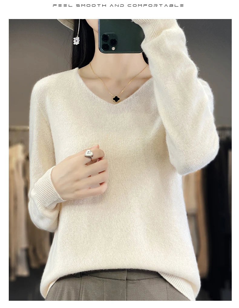 Damen 100% Merinowolle Pullover V-Ausschnitt Basic Pulli Herbst Winter Kaschmir Kleidung Langarm Weiche Strickware Oberteile Unifarben