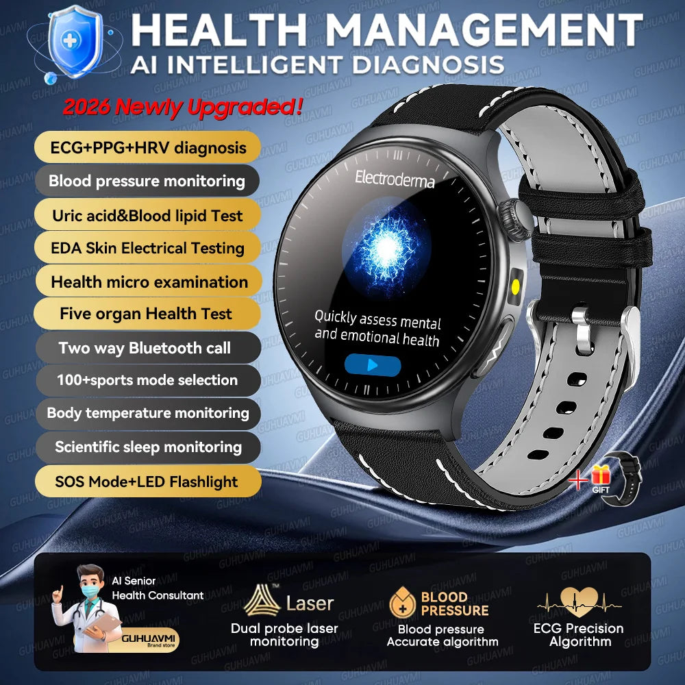 2026 Neue Mikrophysikalische Untersuchung Gesundheits-Smartwatch Herren EKG Harnsäure Lipide Blutdruck BT Anruf Smartwatch Für Android IOS