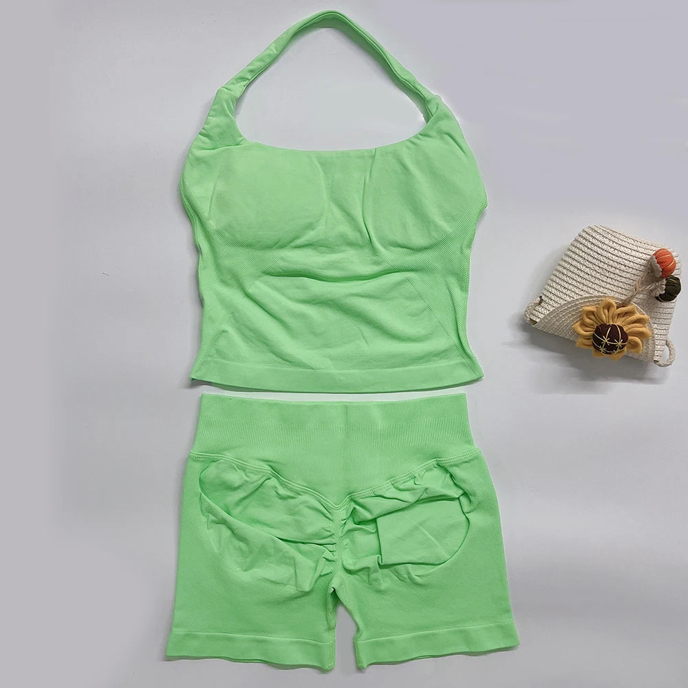 Yoga Outfits Damen 2-teiliges Sport-Set DFNNYE Impact Halfter Neck Neckholder Rückenfrei Oberteil Nahtlose Scrunch Shorts Fitness-Workout-Sportanzug