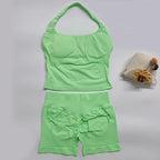 Yoga Outfits Damen 2-teiliges Sport-Set DFNNYE Impact Halfter Neck Neckholder Rückenfrei Oberteil Nahtlose Scrunch Shorts Fitness-Workout-Sportanzug
