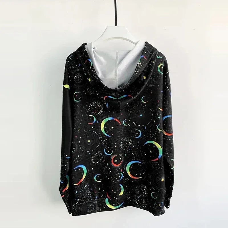 Moon Print Kangaroo Pocket Hoodie, Casual Long Sleeve Drawstring Hoodies Sweatshirt Women's Clothing