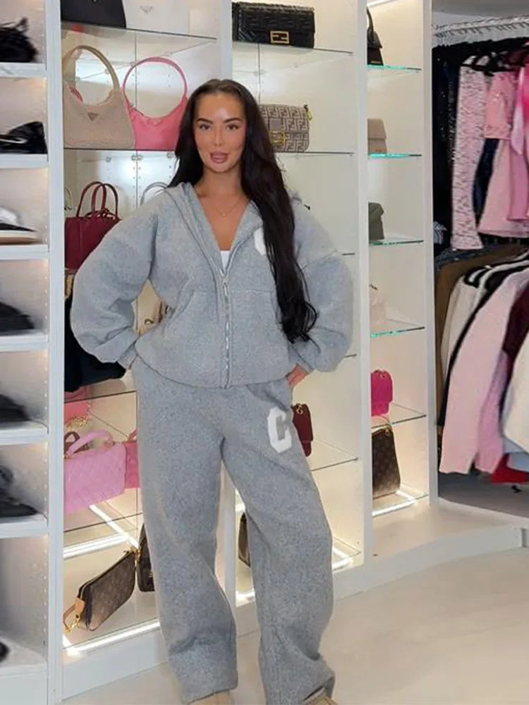 Mode-Cardigan-Hosenanzug Damen Kapuze Reißverschluss Lange Ärmel Lockerer Mantel Gerade Hose 2025 Herbst Lässiger 2-Teiler für Damen