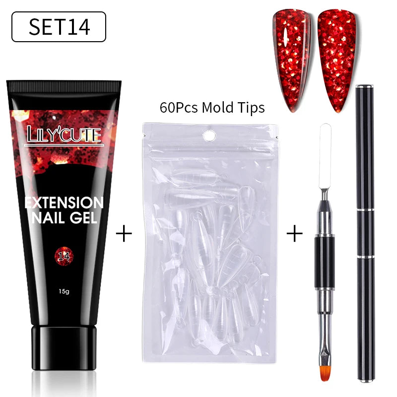 LILYCUTE 15ml Verlängerungsgel-Nagellack-Set Quick Nail Prolong mit Verlängerungsform-Nagelspitzen Acryl-Lösung Maniküre-Werkzeug-Kit