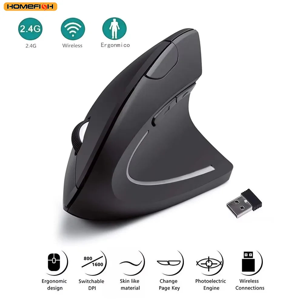 HOMEFISH Vertical Mouse Ergonomic 2.4GHz Wireless Optical Mice 3 Adjustable DPI 800/1200/1600 6 Buttons for Laptop PC Computer Hauptbild