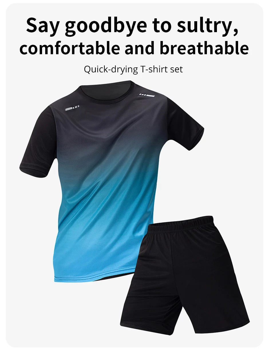 3-teiliger Herren-Sportanzug, schnelltrocknend, mit Farbverlauf, Freizeit-Sport, Laufen, kurze Ärmel, bequeme Sonnencreme, Hose, Joker-Shorts