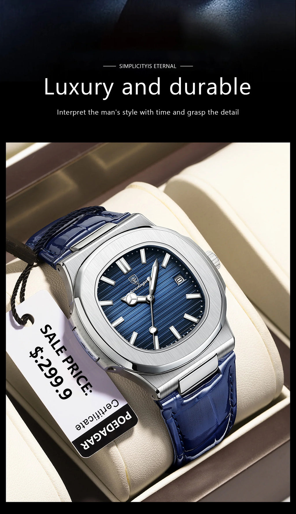 POEDAGAR Top Luxus Quadratische Herrenuhr Datum Wasserdicht Leuchtend Herren Armbanduhr Hochwertige Leder Herren Quarzuhren+Box Reloj
