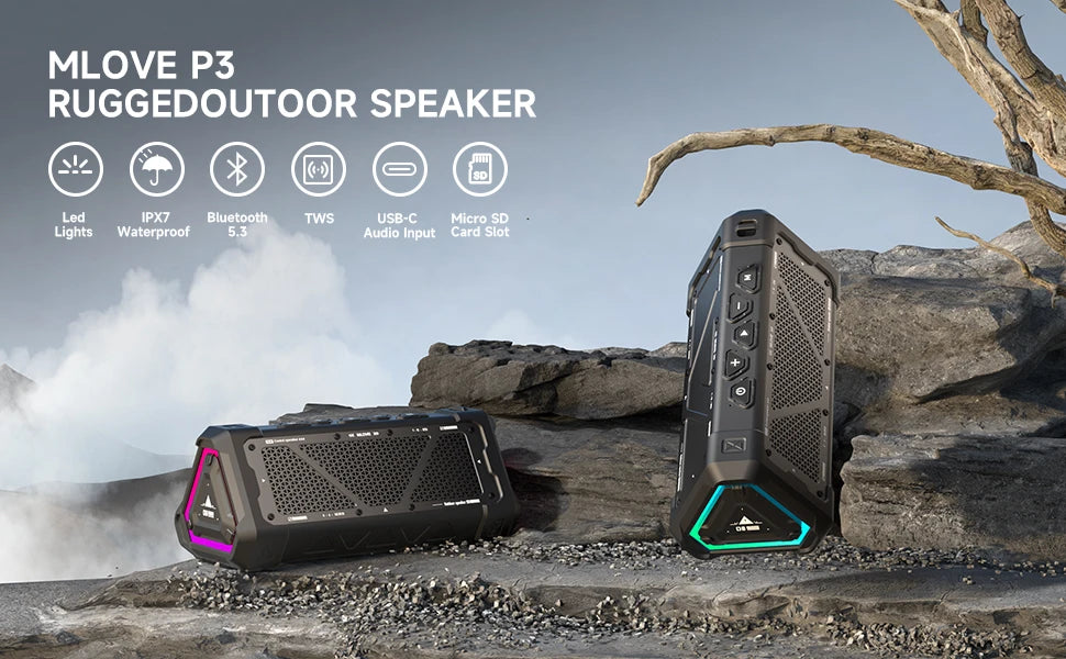 MLOVE P3 Outdoor-Bluetooth-Lautsprecher, 40W Ausgangsleistung Bluetooth 5.3 Lautsprecher, Stereo Sound IPX7 Wasserdicht, Micro SD-Karte, RGB-Licht