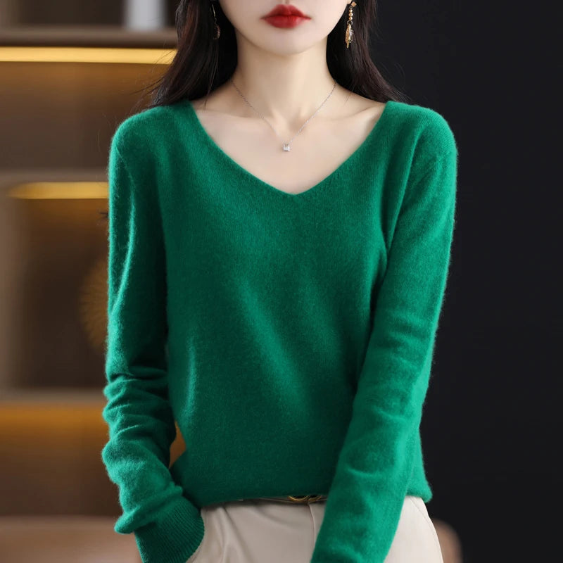 Damen 100% Merinowolle Pullover V-Ausschnitt Basic Pulli Herbst Winter Kaschmir Kleidung Langarm Weiche Strickware Oberteile Unifarben