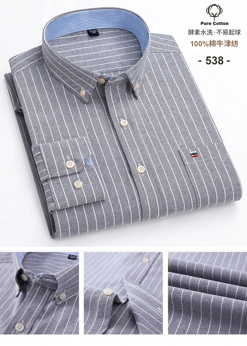 100 % Baumwolle Oxford Herrenhemden Langarm Kariert Weich Regular Fit Festliches Hemd Tasche Sozial Bluse Herrenkleidung S-7XL