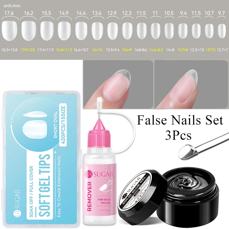 UR SUGAR 3tlg. Künstliche Nägel Set mit 420Stk. matten Soft Gel Tips Solid Glue Gel Entferner Schnelles Nagelverlängerungs-Kit Nagelpflege Starter-Set