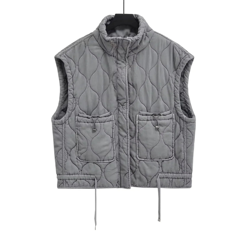 Herbst Winter Damen Stehkragen Leichte Ärmellose Baumwollweste Damen Taschendekoration Tanktop