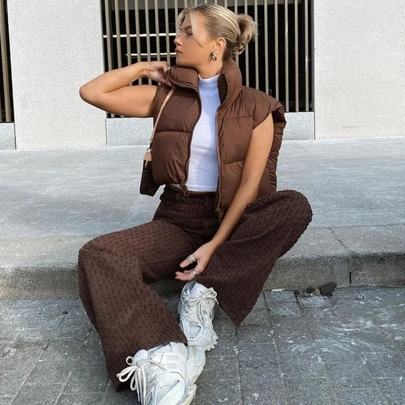 Winter Kurze Daunen Weste Damen Warmer Stehkragen Reißverschluss Jacke Freizeit Mode Gesteppte Cropped Mäntel Street Outerwear