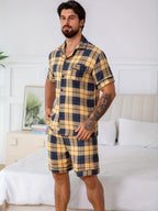 Herren Kurzarm-Pyjama-Set - 2-teiliges Set Kariert Lässige Sommer-Freizeitkleidung mit Tasche V-Ausschnitt Leichte und dünne Herren-Pyjamas
