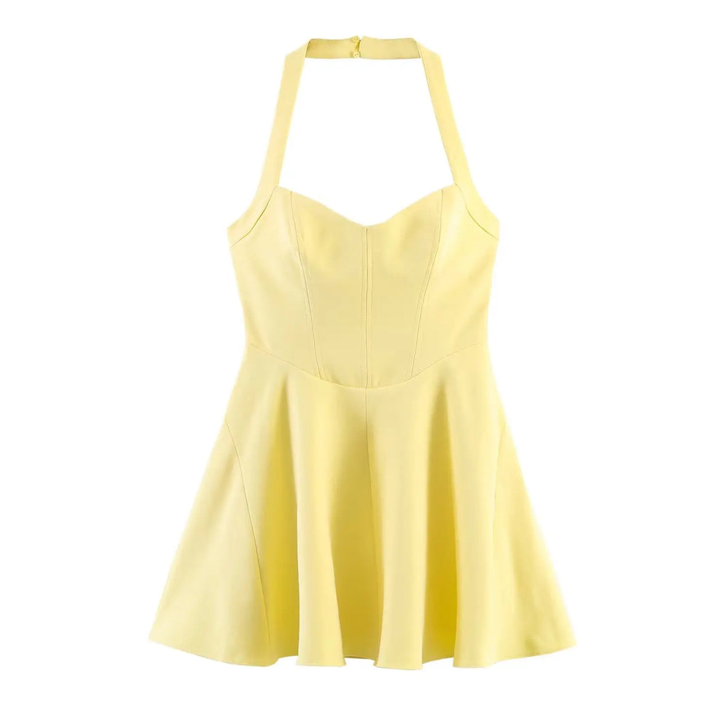HH Sommer elegantes Neckholder-Faltenkleid einfarbig elegant kurz für Damen sexy rückenfreies ärmelloses Party-Minikleid Mujer