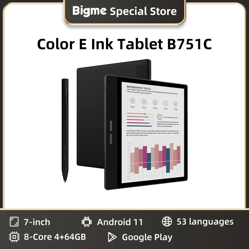 BIGME B751C Ebook Reader, 7 Zoll Farb-E-Ink-Bildschirm Tablet, Tragbarer E-Book-Reader, Android 11 OS, unterstützt Google Play Hauptbild
