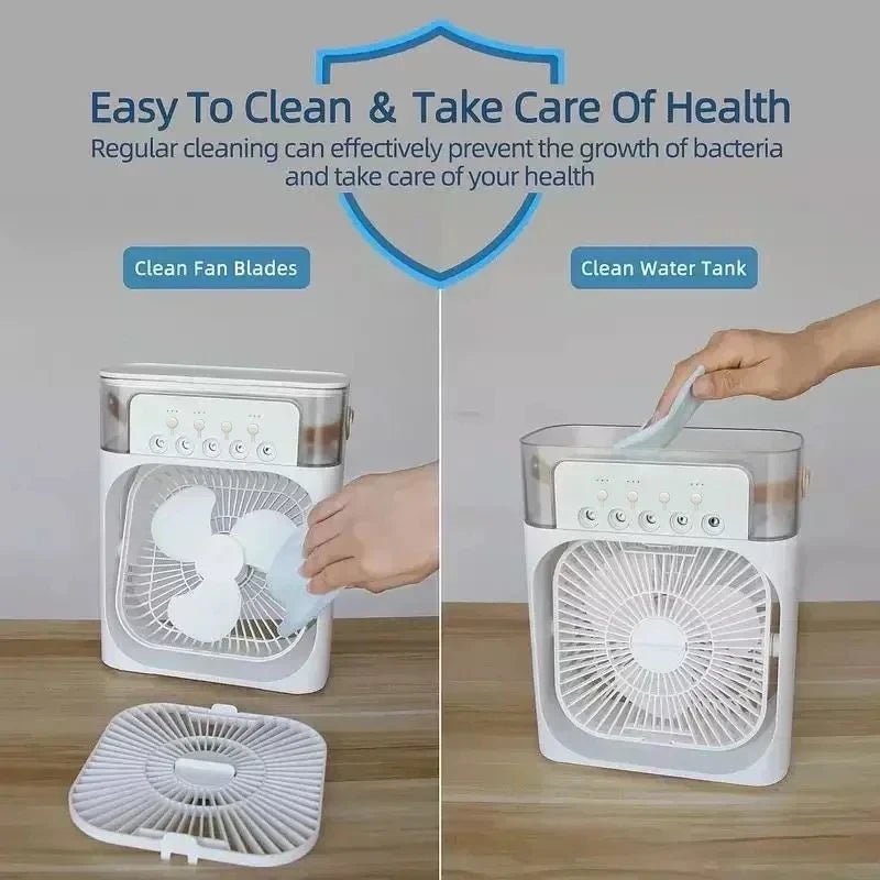 3-in-1 Mini Luftkühler Ventilator Tragbare Haushalts Klimaanlage Luftbefeuchter LED Nachtlicht für Zuhause Büro Schreibtisch Verwendung 25.5x18.5x8cm