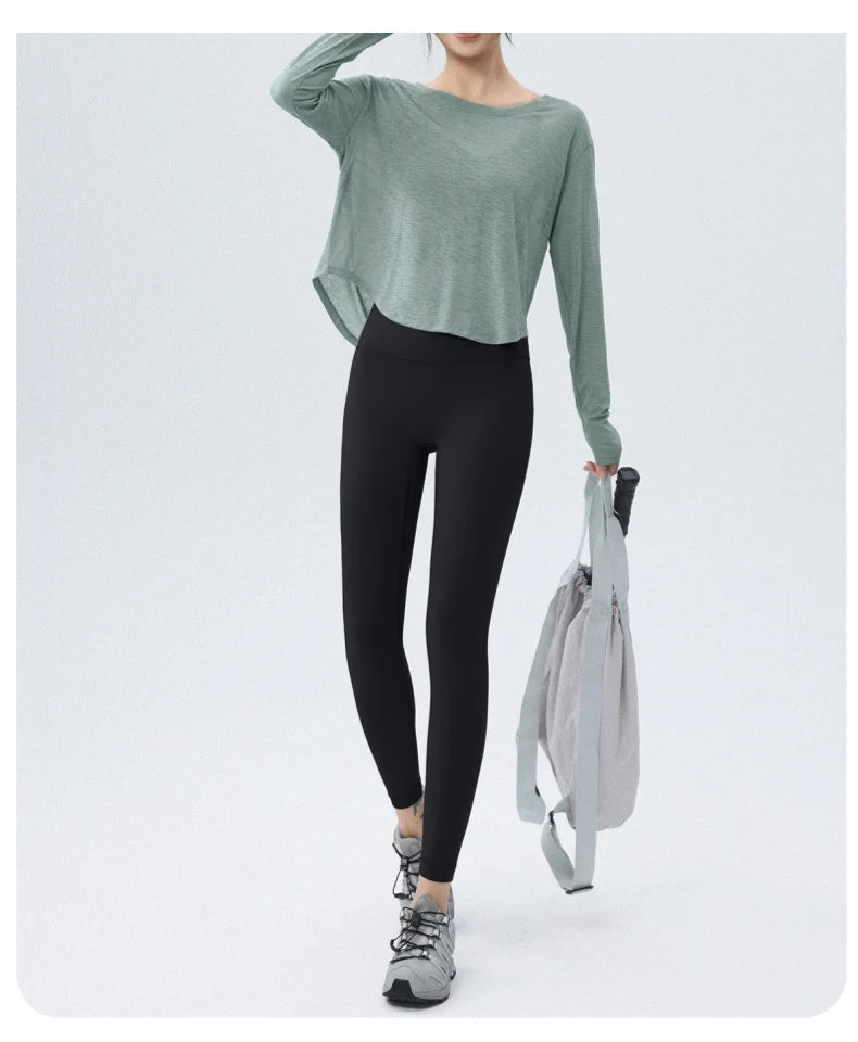 DRUR Damen Langarm Yoga T-Shirts, lockere Passform Sport Fitness Crop Tops lässig leichtes dünnes Shirt für Fitnessstudio Straße Reisen