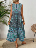 Summer print crew-neck sleeveless dress for women  suitable for casual or beach wear for holiday and long holiday