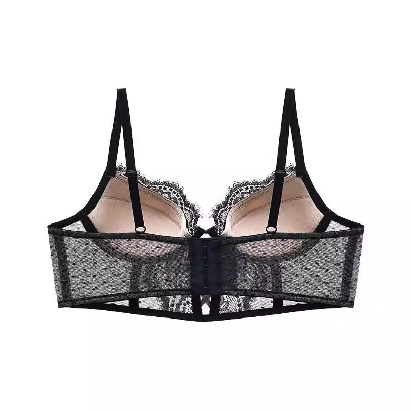 Französische Spitze Push-Up-Dessous-Set Frau dünner Bügel-BH, durchsichtige geraffte Chemise, weich, zierlich, kleine Oberweite S-XL Hot Sale