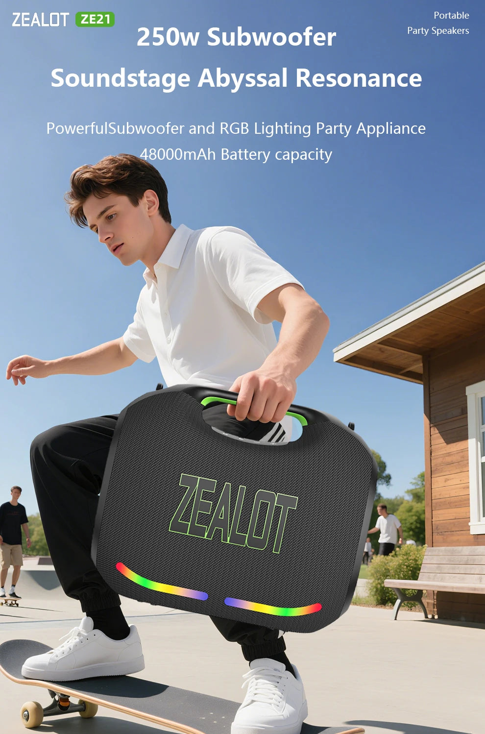 ZEALOT ZE21 250W kabelloser Lautsprecher, tragbar für Outdoor, 48000mAh lange Akkulaufzeit, mit RGB-Farblichtern, bis zu 18 Stunden Wiedergabezeit.