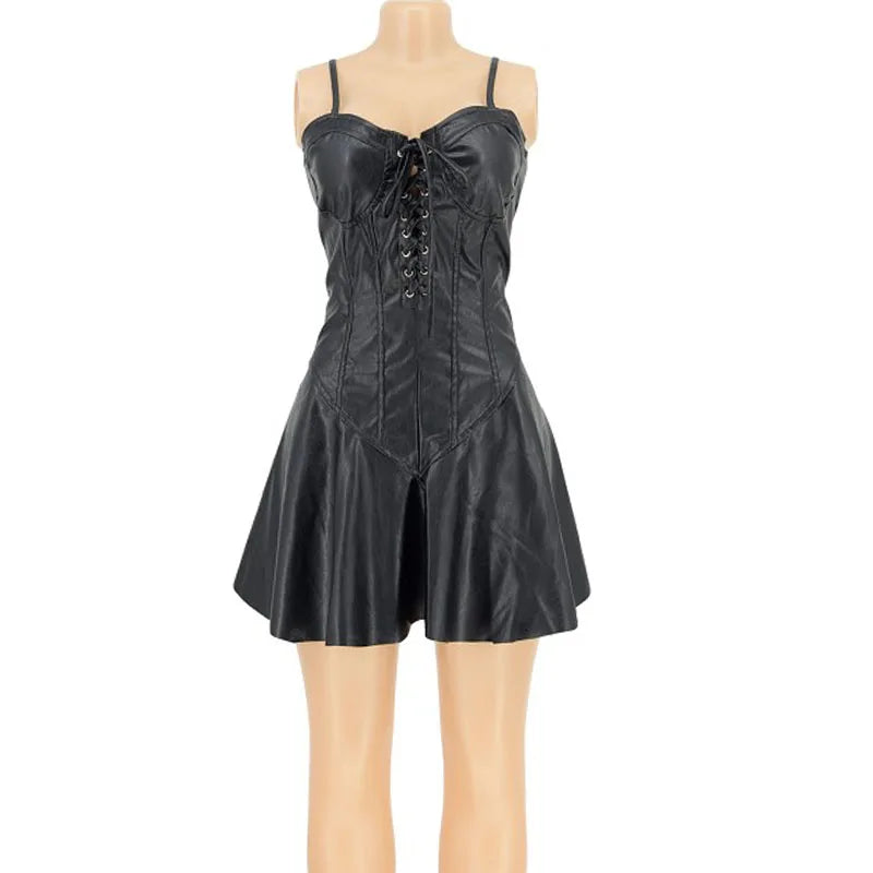 Sexy Spaghetti-Träger Korsett Schnür-Kleid aus PU-Leder Damenbekleidung Ärmelloses Bandage Bodycon Kleid Nacht Party Club Mini Kleid