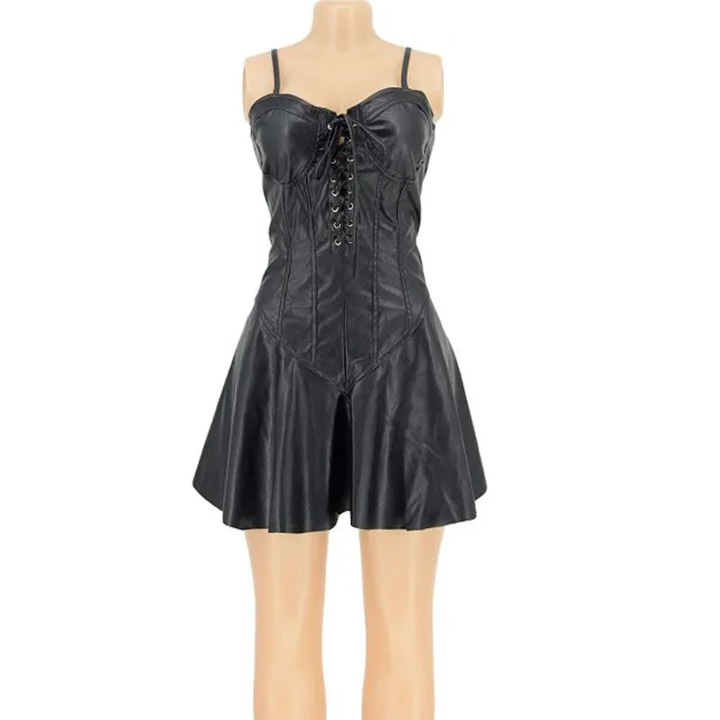 Sexy Spaghetti-Träger Korsett Schnür-Kleid aus PU-Leder Damenbekleidung Ärmelloses Bandage Bodycon Kleid Nacht Party Club Mini Kleid